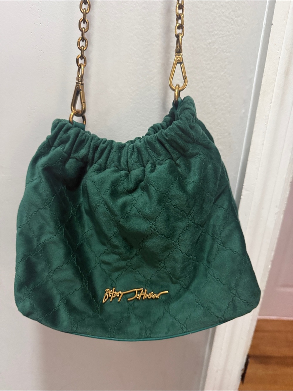 Betsey Johnson Dark Emerald Quilted Drawstring Chain Shoulder Bag